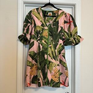 Farm Rio Pink Banana Leaves V Neck Mini Dress